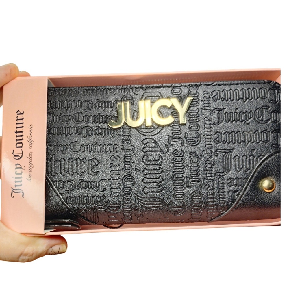Juicy Couture Black Embossed Gothic Logo Large Zip Around Wallet NIB